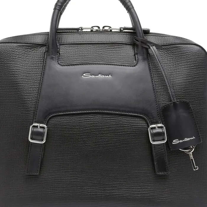 Santoni Black Embossed Leather Briefcase Men Bags and Backpacks