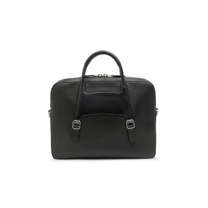 Santoni Black Embossed Leather Briefcase Men Bags and Backpacks