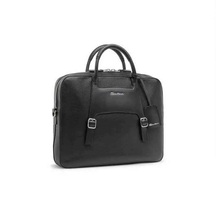 Santoni Black Embossed Leather Briefcase Men Bags and Backpacks