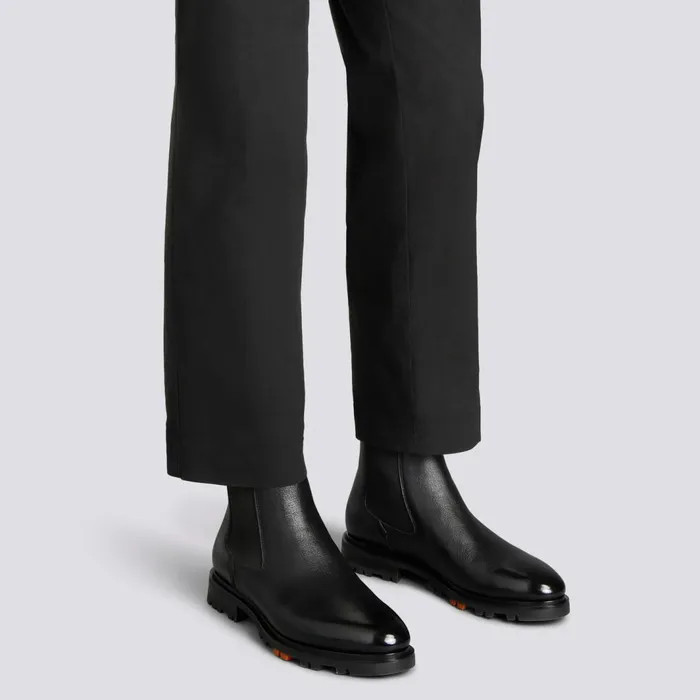 Santoni Black Leather Chelsea Boot Men Boots