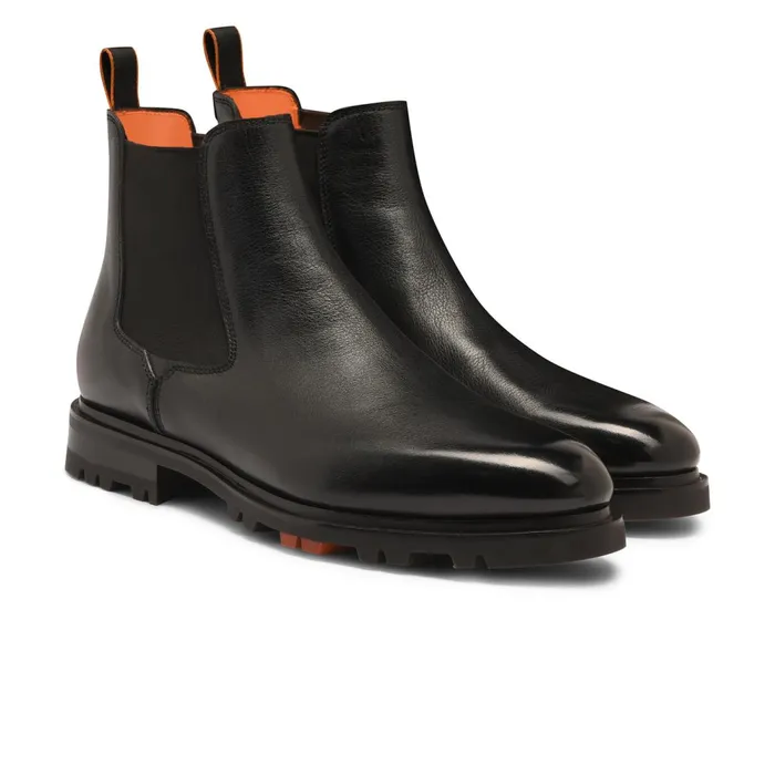 Santoni Black Leather Chelsea Boot Men Boots
