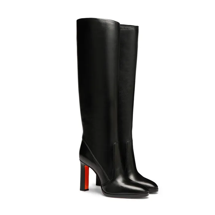 Santoni Black Leather HighHeel Boot Women Boots and Ankle Boots