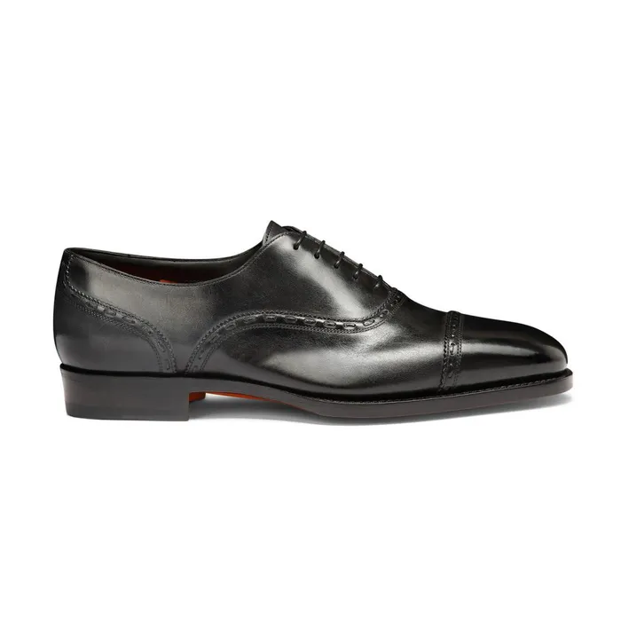 Santoni Black Leather Oxford Shoe Men LaceUps