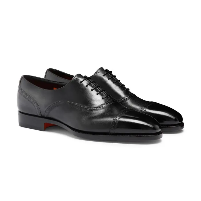 Santoni Black Leather Oxford Shoe Men LaceUps
