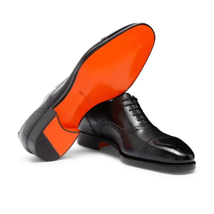 Santoni Black Leather Oxford Shoe Men LaceUps