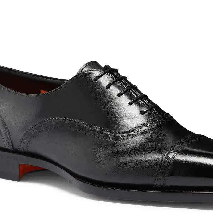 Santoni Black Leather Oxford Shoe Men LaceUps