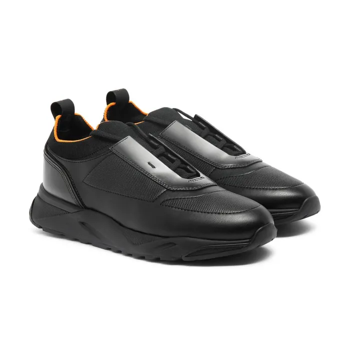 Santoni Black Leather Sneaker Men Sneakers