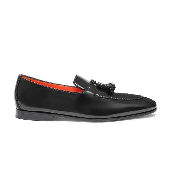 Santoni Black Leather Tassel Loafer Men Loafers