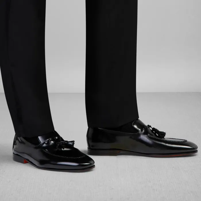 Santoni Black Leather Tassel Loafer Men Loafers