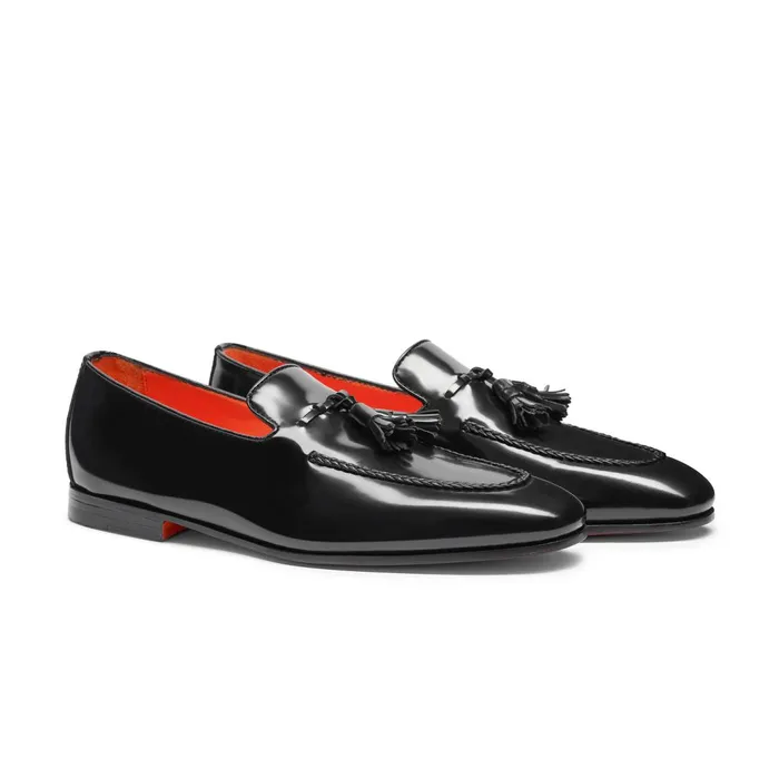 Santoni Black Leather Tassel Loafer Men Loafers