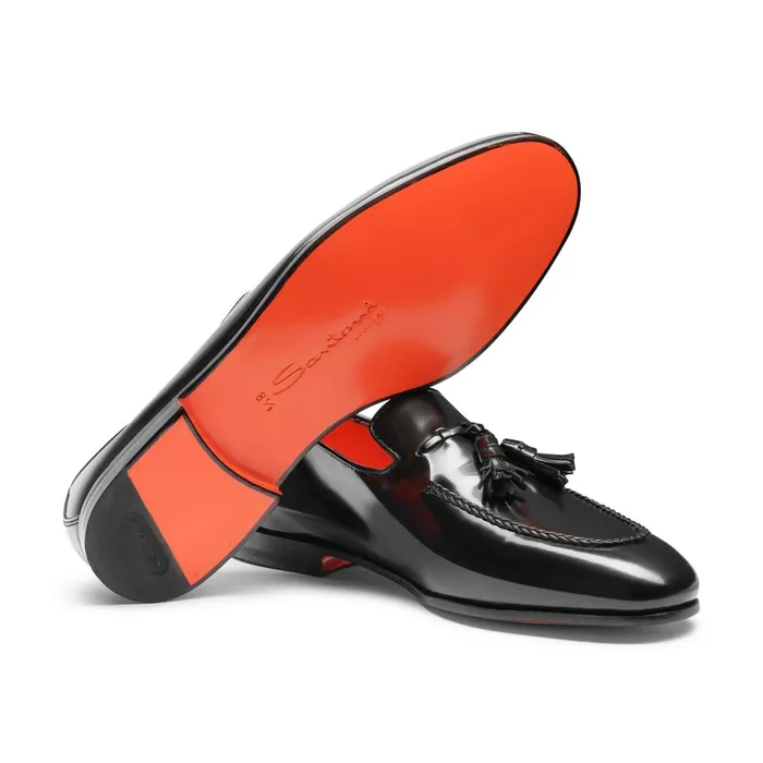 Santoni Black Leather Tassel Loafer Men Loafers