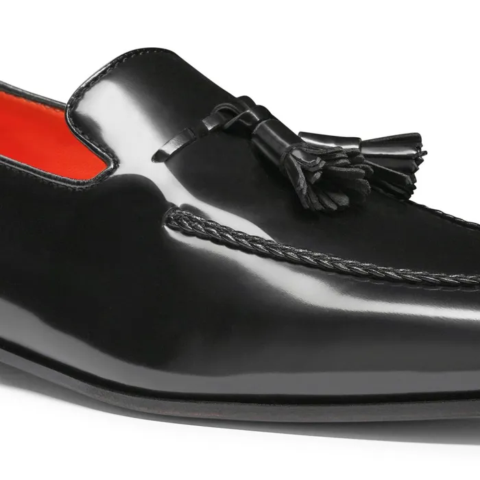 Santoni Black Leather Tassel Loafer Men Loafers