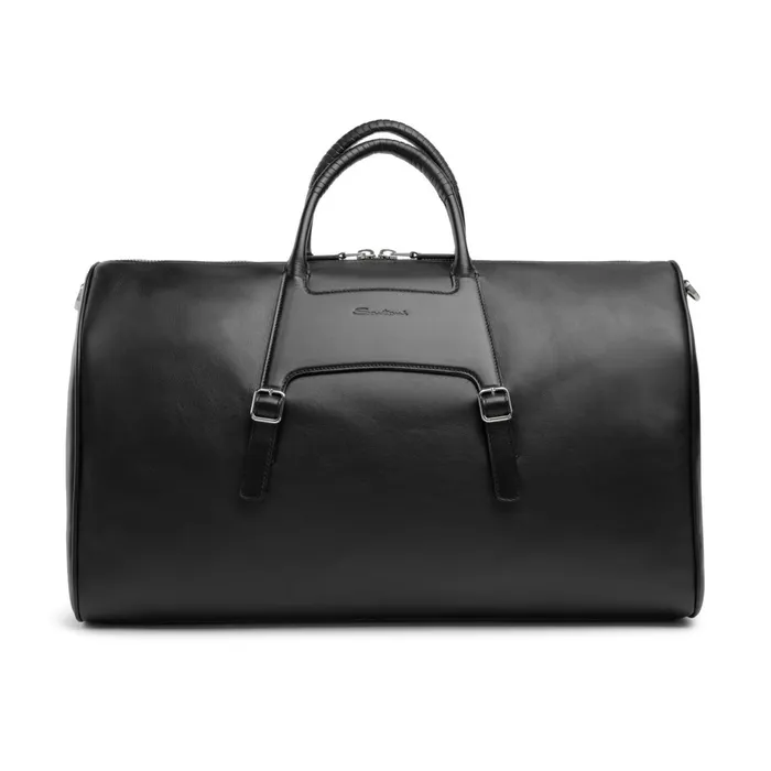 Santoni Black Leather Weekend Bag Men Bags and Backpacks