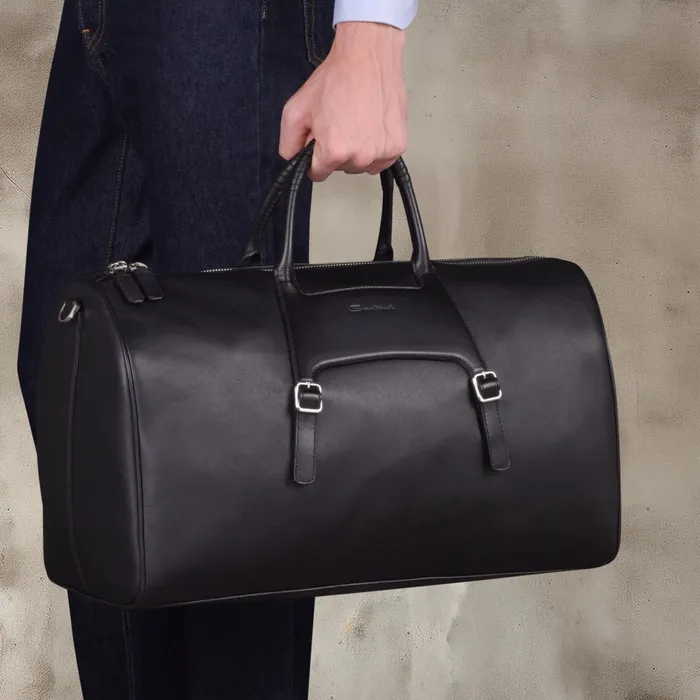 Santoni Black Leather Weekend Bag Men Bags and Backpacks