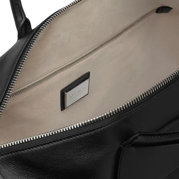 Santoni Black Leather Weekend Bag Men Bags and Backpacks