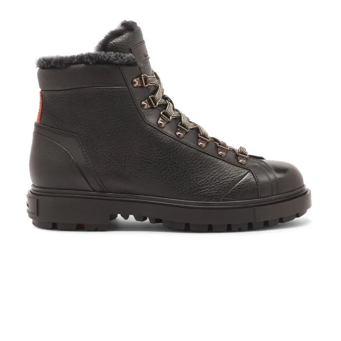 Santoni Black Tumbled Leather Hiking Boot With Fur Men Boots