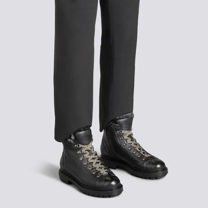 Santoni Black Tumbled Leather Hiking Boot With Fur Men Boots
