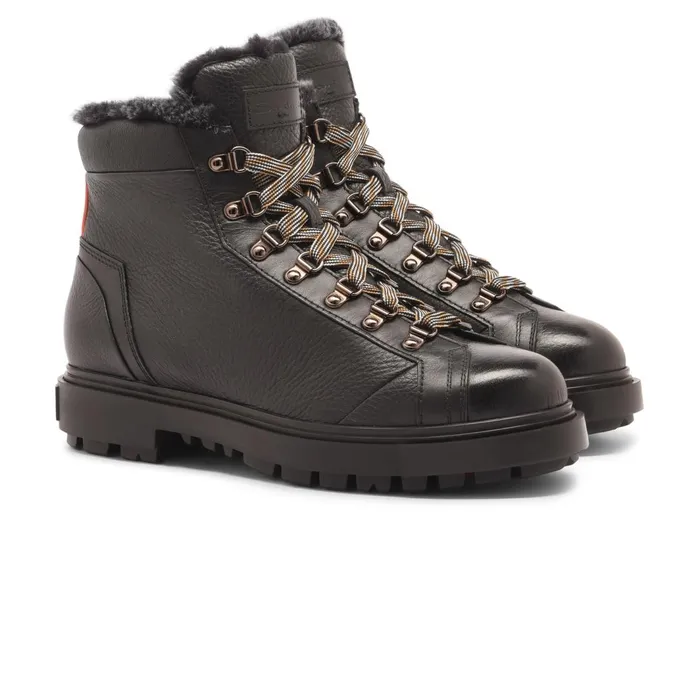 Santoni Black Tumbled Leather Hiking Boot With Fur Men Boots