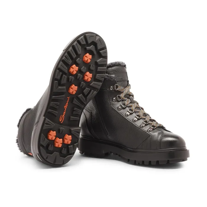Santoni Black Tumbled Leather Hiking Boot With Fur Men Boots
