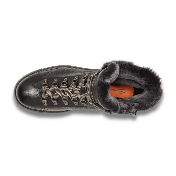 Santoni Black Tumbled Leather Hiking Boot With Fur Men Boots