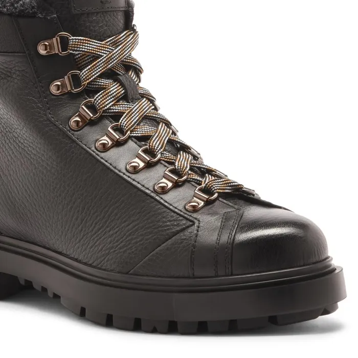 Santoni Black Tumbled Leather Hiking Boot With Fur Men Boots