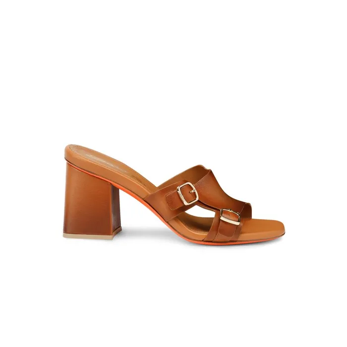 Santoni Brown Leather DoubleBuckle Mid Sandal Women Sandals