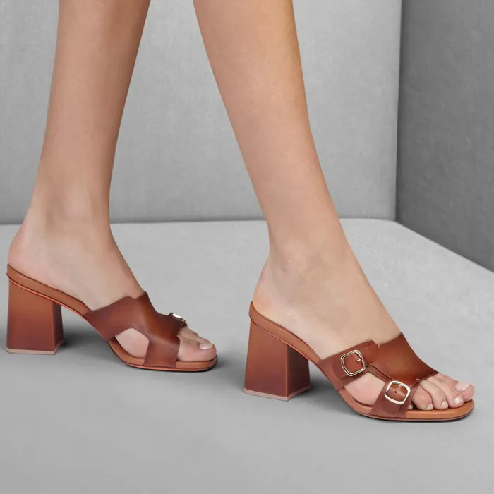 Santoni Brown Leather DoubleBuckle Mid Sandal Women Sandals