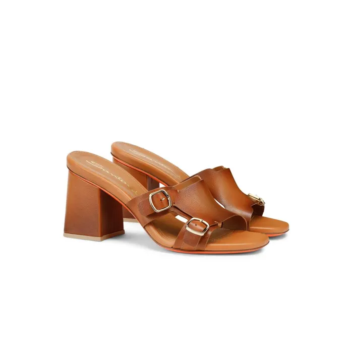 Santoni Brown Leather DoubleBuckle Mid Sandal Women Sandals