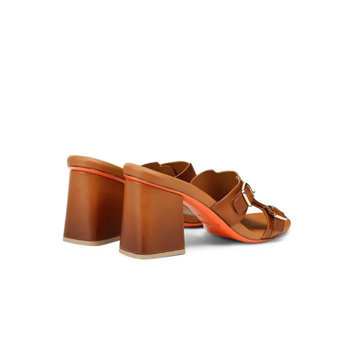 Santoni Brown Leather DoubleBuckle Mid Sandal Women Sandals