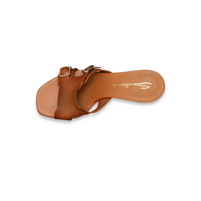 Santoni Brown Leather DoubleBuckle Mid Sandal Women Sandals