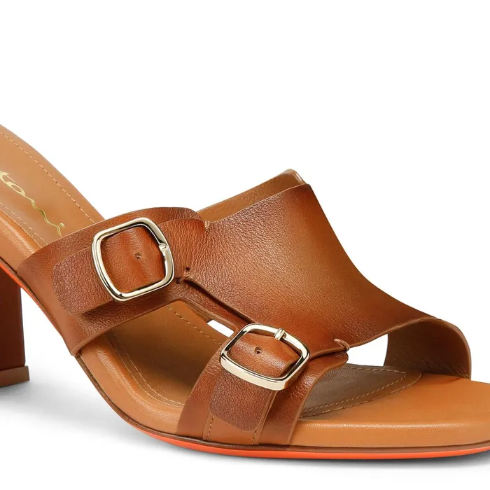 Santoni Brown Leather DoubleBuckle Mid Sandal Women Sandals