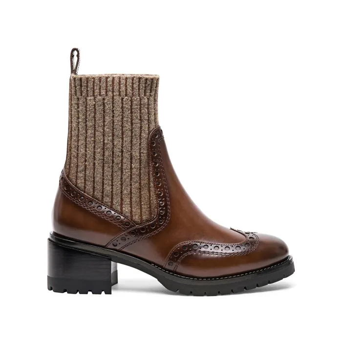 Santoni Brown Leather LowHeel Brogue SockStyle Ankle Boot Women Boots and Ankle Boots