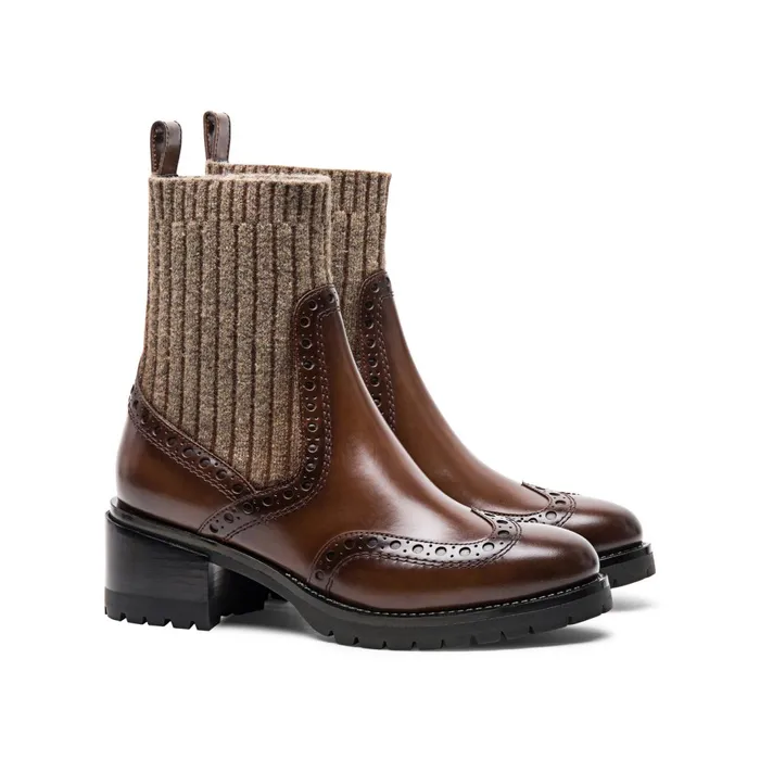 Santoni Brown Leather LowHeel Brogue SockStyle Ankle Boot Women Boots and Ankle Boots