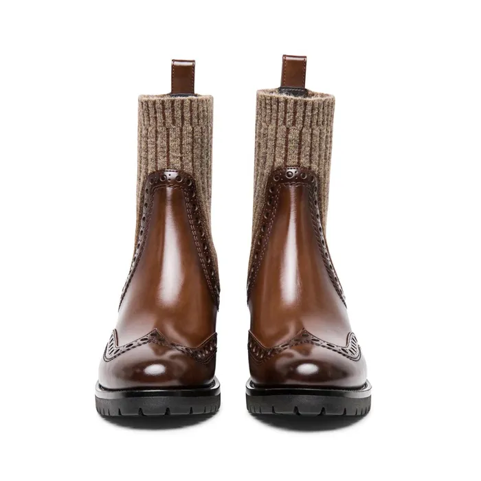Santoni Brown Leather LowHeel Brogue SockStyle Ankle Boot Women Boots and Ankle Boots