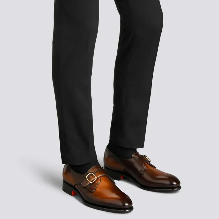 Santoni Brown Leather SingleBuckle Shoe Men Double Buckle