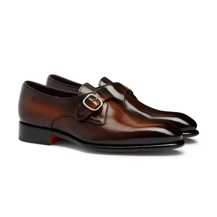 Santoni Brown Leather SingleBuckle Shoe Men Double Buckle