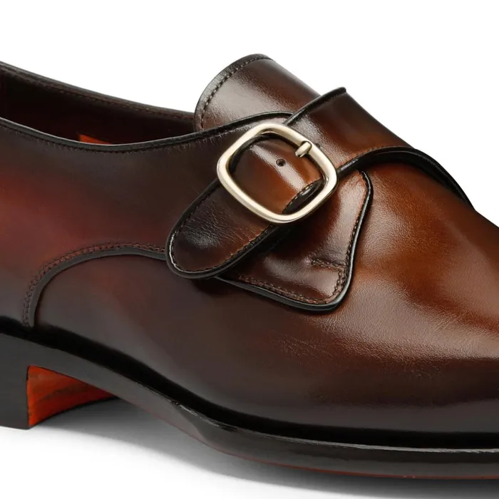 Santoni Brown Leather SingleBuckle Shoe Men Double Buckle