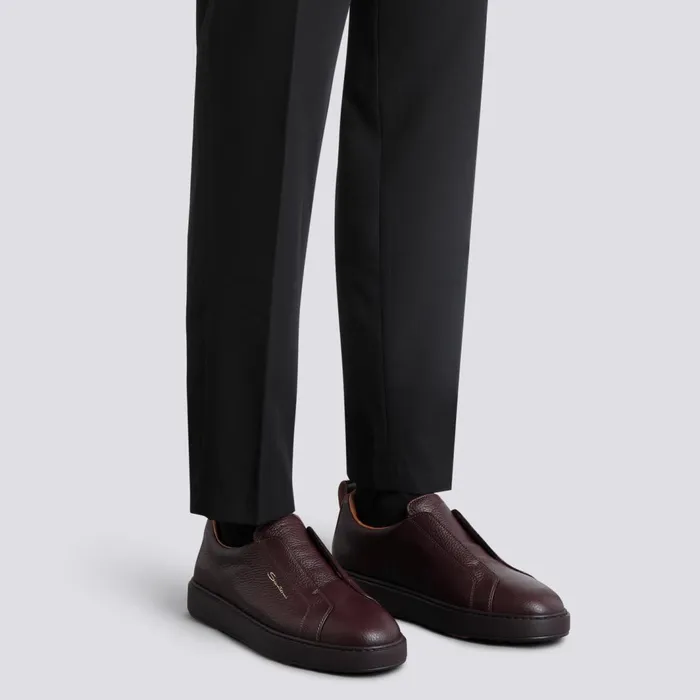 Santoni Burgundy Tumbled Leather SlipOn Sneaker Men Sneakers