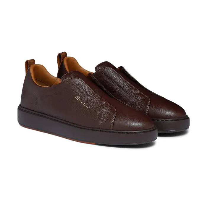 Santoni Burgundy Tumbled Leather SlipOn Sneaker Men Sneakers