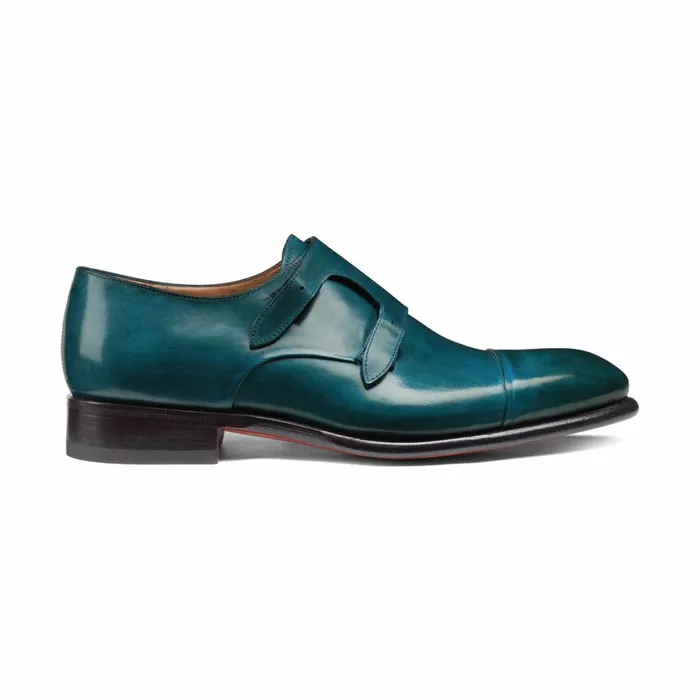 Santoni Dark BlueGreen Leather DoubleBuckle Shoe Men Double Buckle