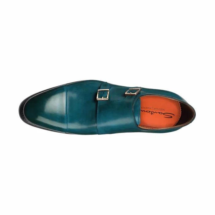 Santoni Dark BlueGreen Leather DoubleBuckle Shoe Men Double Buckle