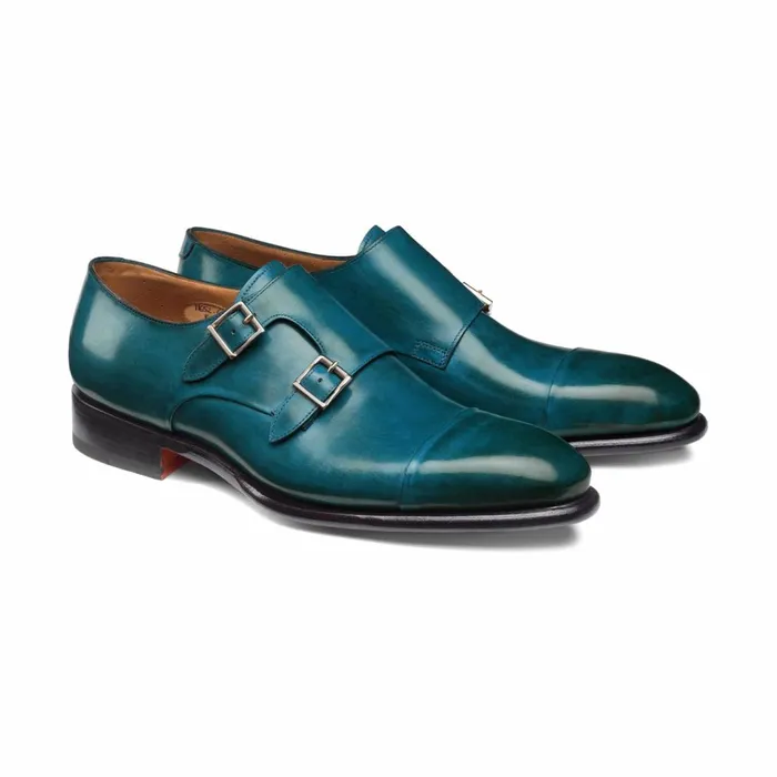 Santoni Dark BlueGreen Leather DoubleBuckle Shoe Men Double Buckle