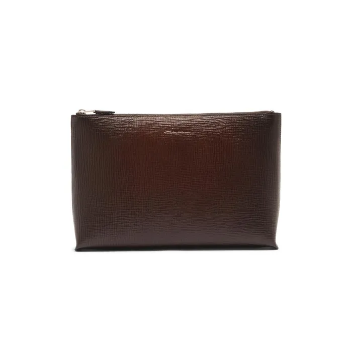 Santoni Dark Brown Embossed Leather Pouch MenWomen Small Leather Goods