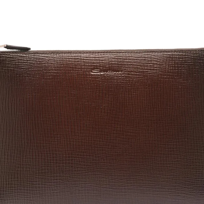 Santoni Dark Brown Embossed Leather Pouch MenWomen Small Leather Goods