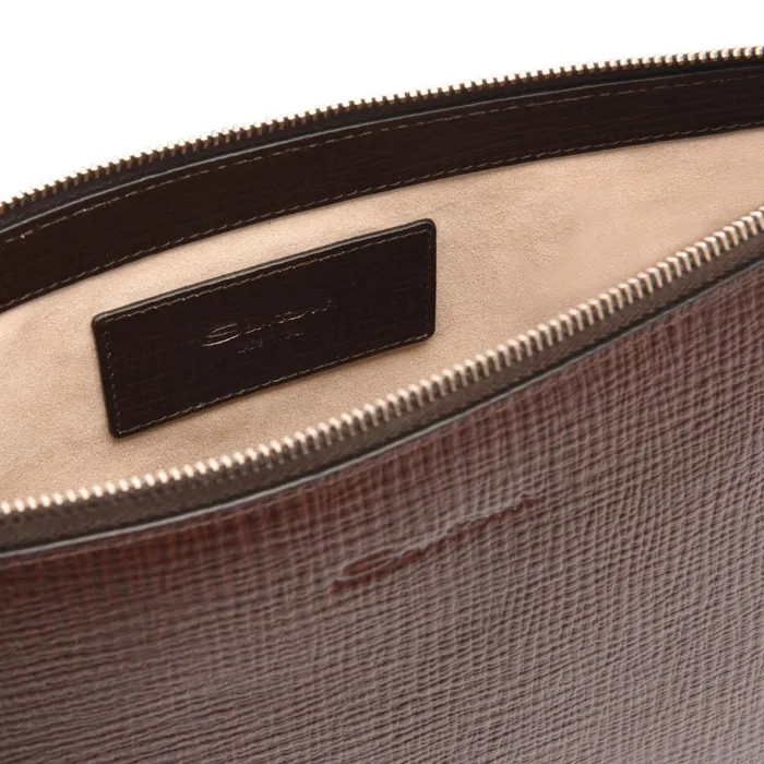 Santoni Dark Brown Embossed Leather Pouch MenWomen Small Leather Goods