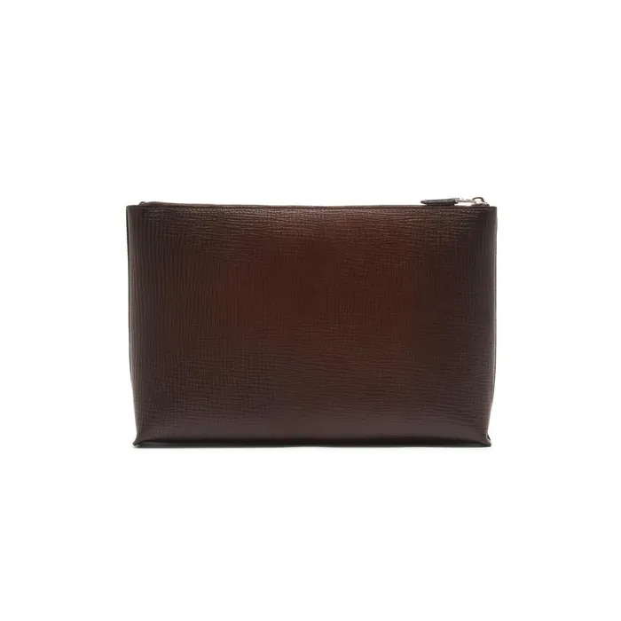 Santoni Dark Brown Embossed Leather Pouch MenWomen Small Leather Goods