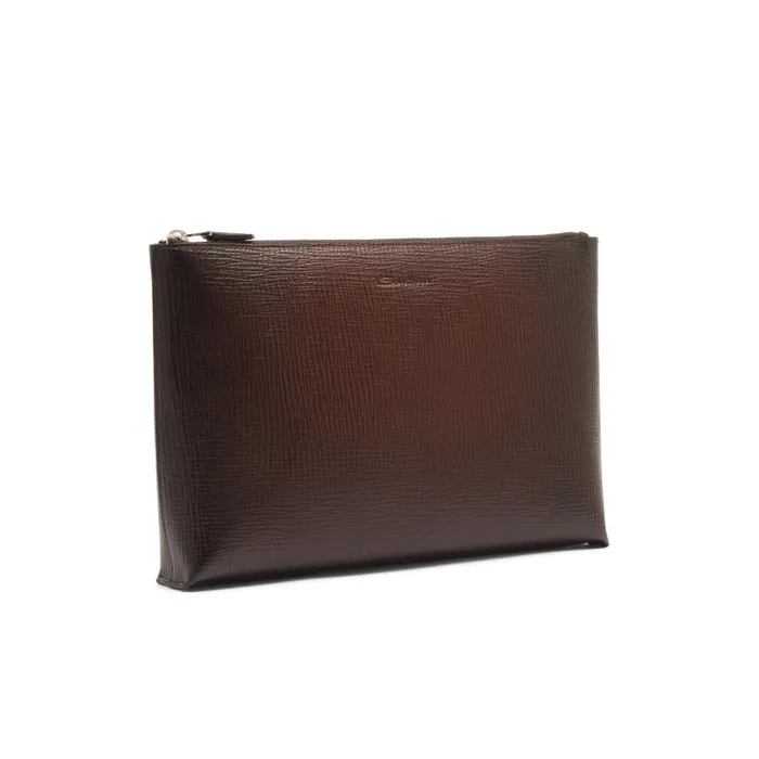 Santoni Dark Brown Embossed Leather Pouch MenWomen Small Leather Goods