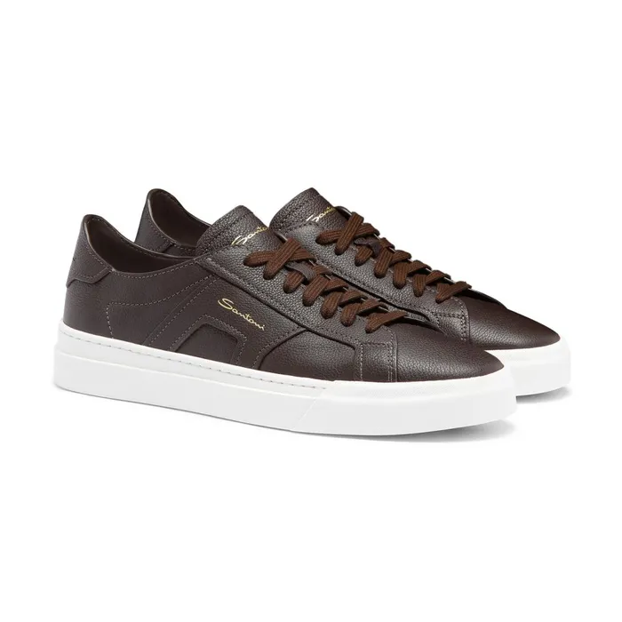 Santoni Dark Brown Tumbled Leather Double Buckle Sneaker Men Sneakers