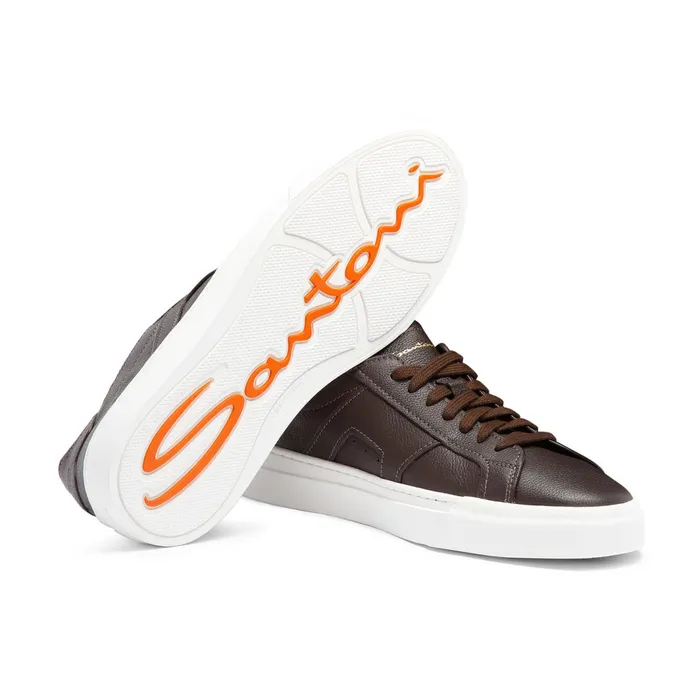 Santoni Dark Brown Tumbled Leather Double Buckle Sneaker Men Sneakers