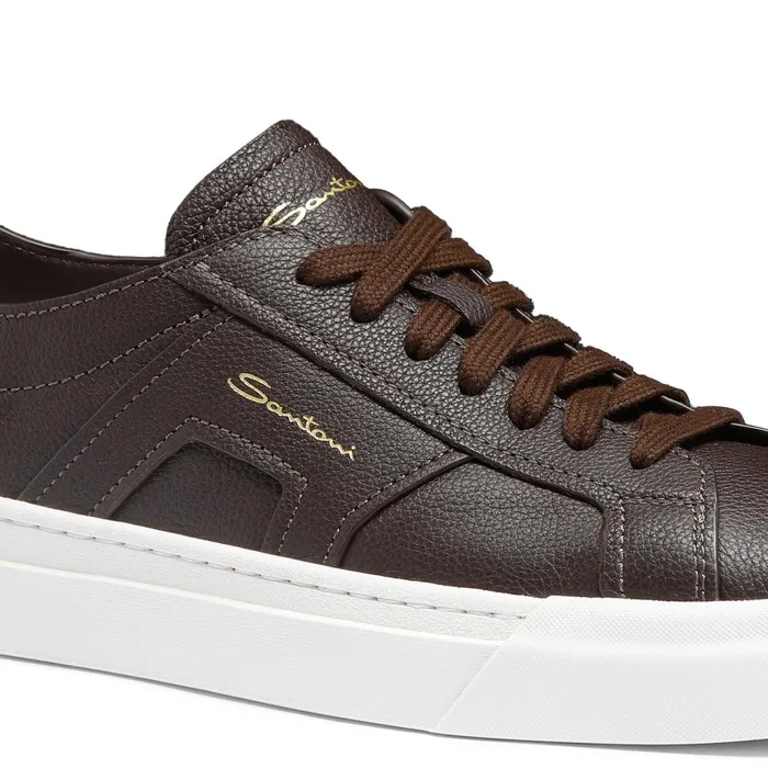 Santoni Dark Brown Tumbled Leather Double Buckle Sneaker Men Sneakers